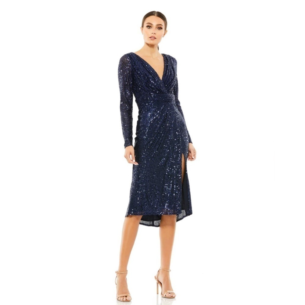 Mac Duggal 26555 NWT SEQUINED LONG SLEEVE MIDI DRESS